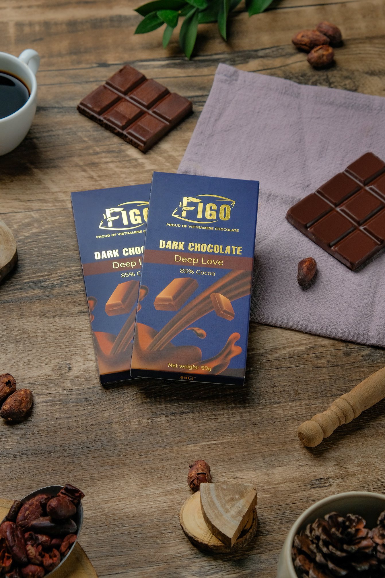 (Bar 50g) Socola đen 85% cacao ít đường dòng Deep Love 50g Figo - Vietnamese Chocolate