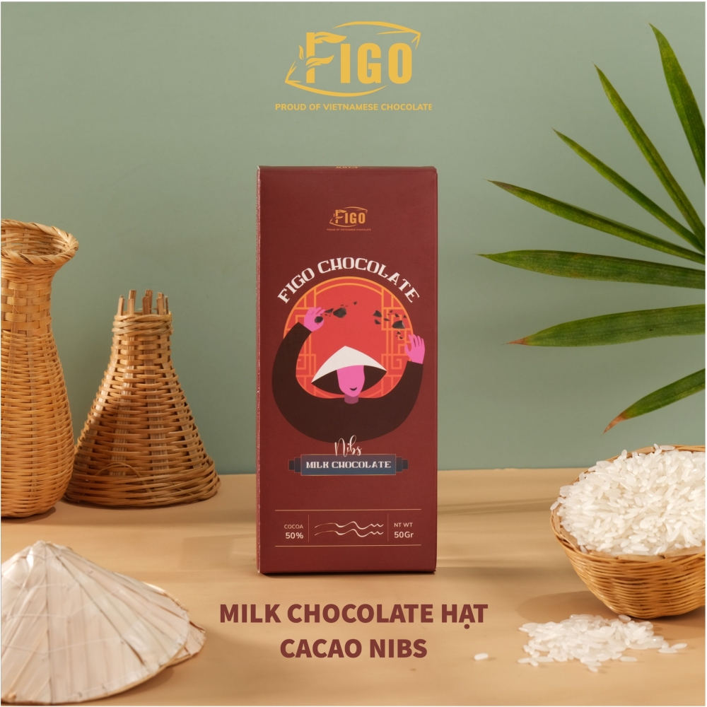 Milk Chocolate 50g Hạt Cacao Nibs FIGO - Chocolate gift From Viet Nam kèm nơ, thiệp, túi quà, ruy băng